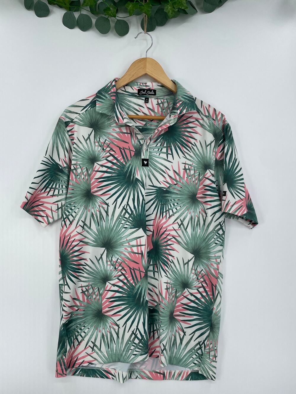Bad Birdie Mens Multicolor Palm Floral Golf Performance Stretch Medium Polo